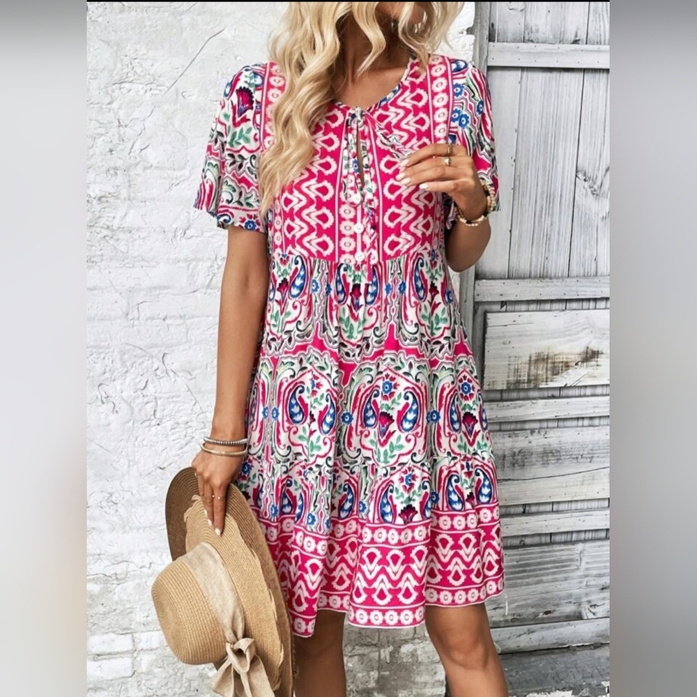 Boho Pink Printed Tie-Neck Tiered Mini Dress